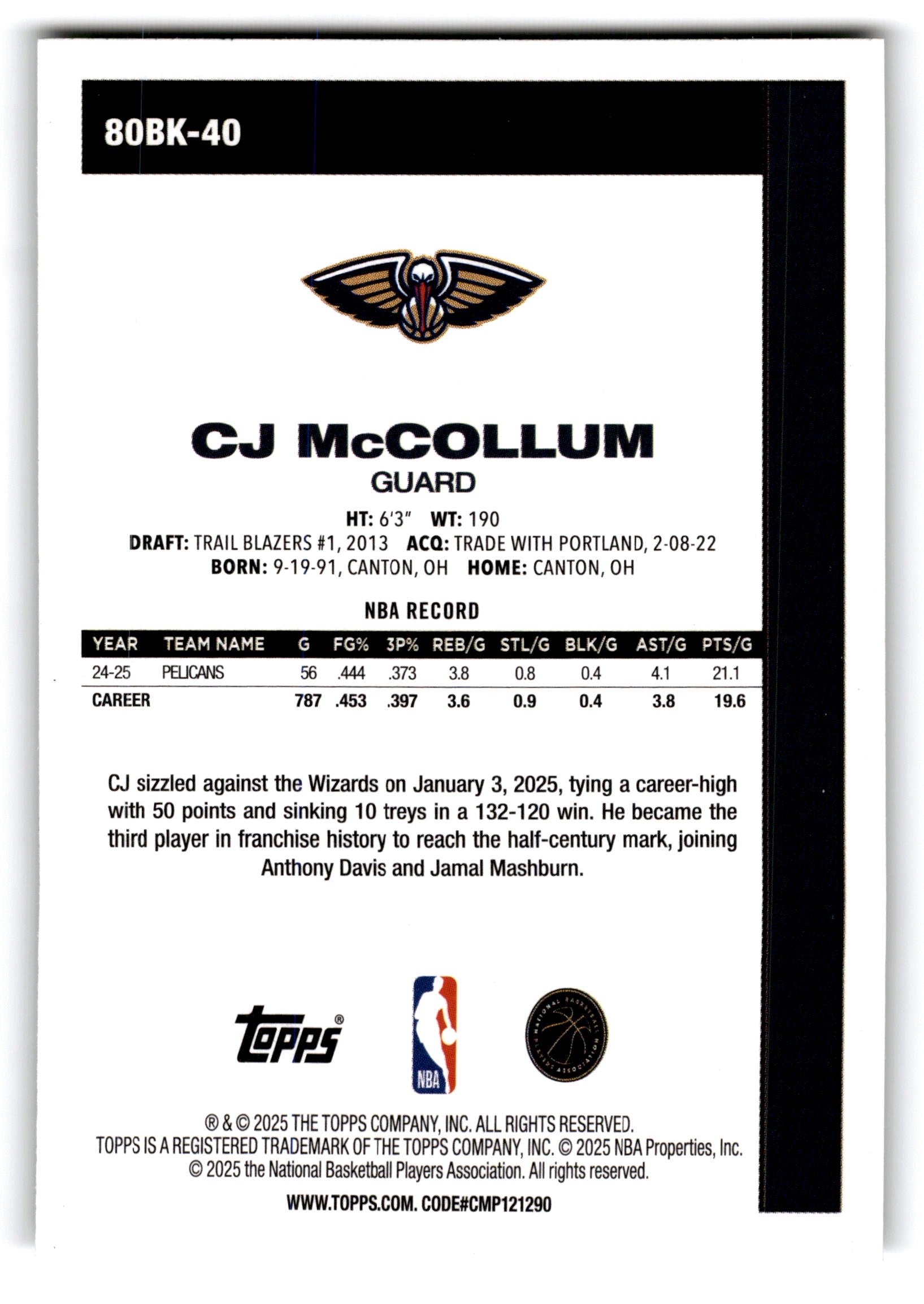 2025 Topps Basketball CJ McCollum #80BK-40