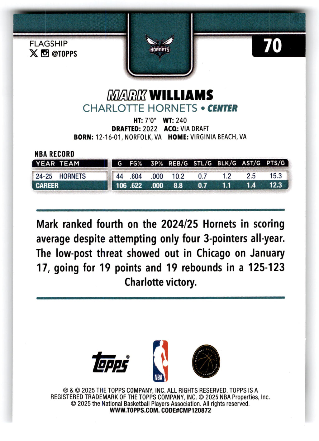 2025 Topps Flagship Basketball Mark Williams #70