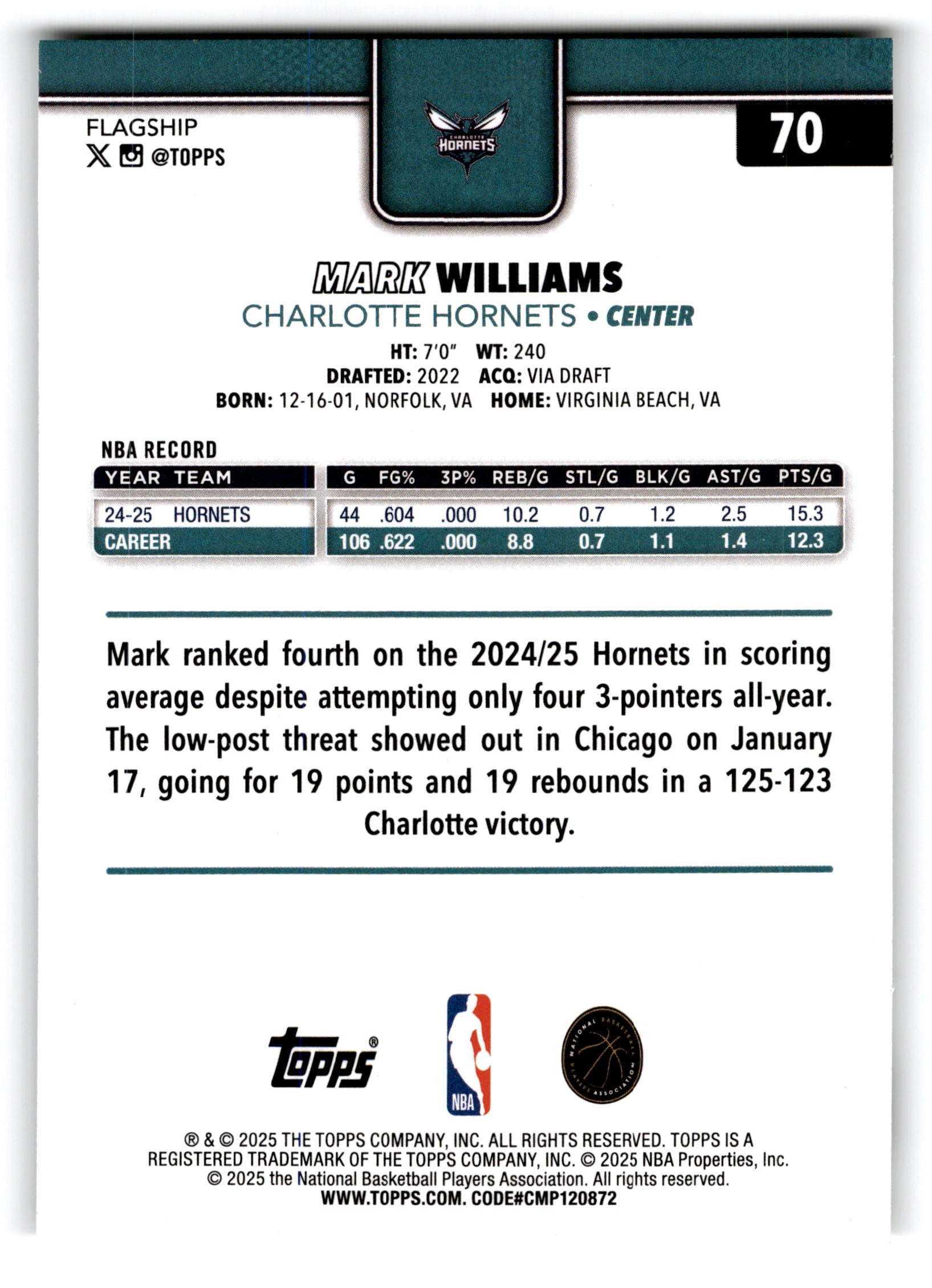 2025 Topps Flagship Basketball Mark Williams #70