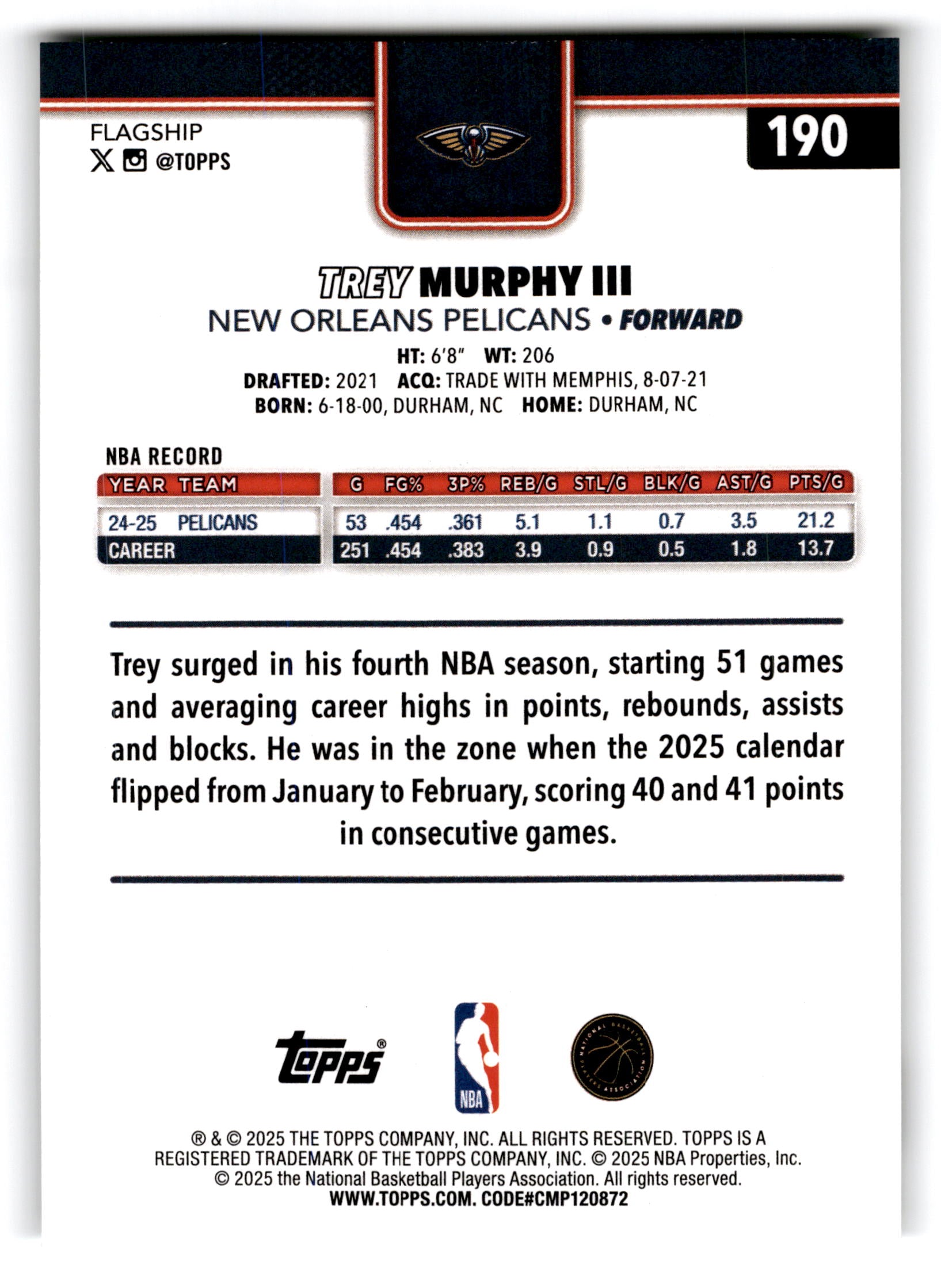 2025 Topps Flagship Trey Murphy III #190