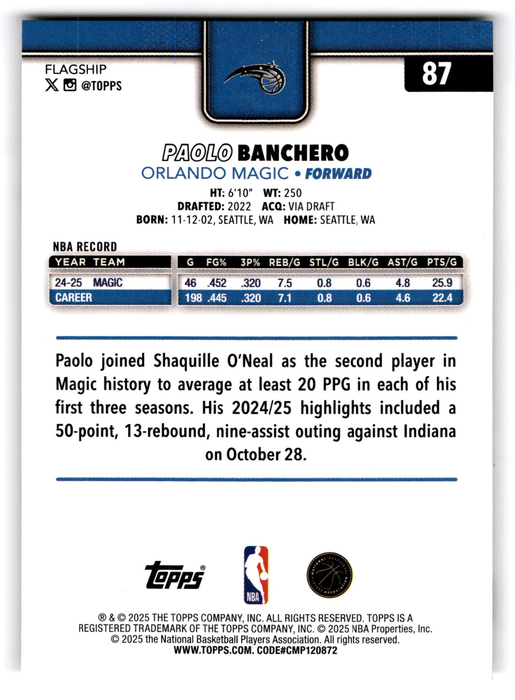 2025 Topps Flagship Paolo Banchero #87