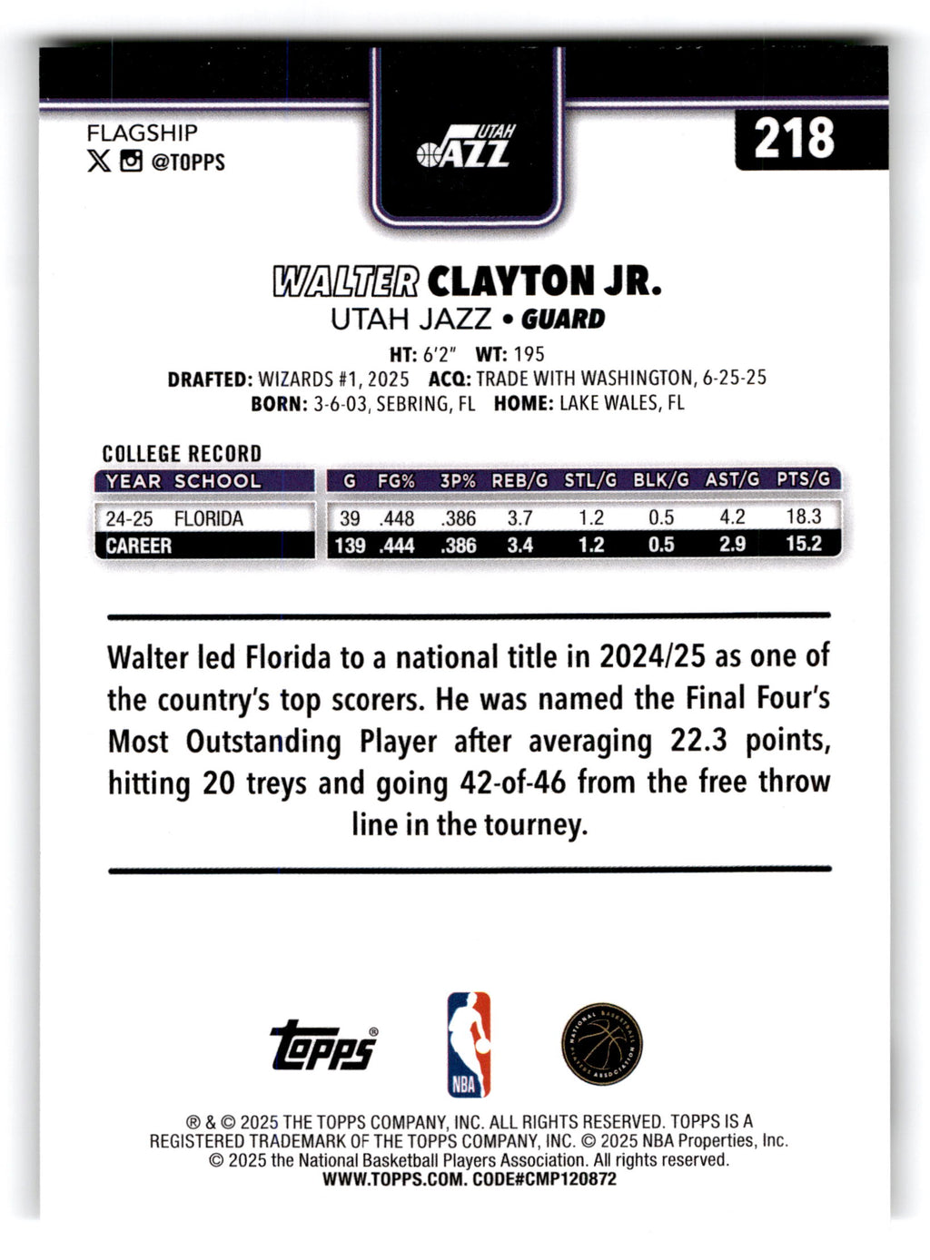 2025 Topps Flagship Walter Clayton Jr. #218 RC