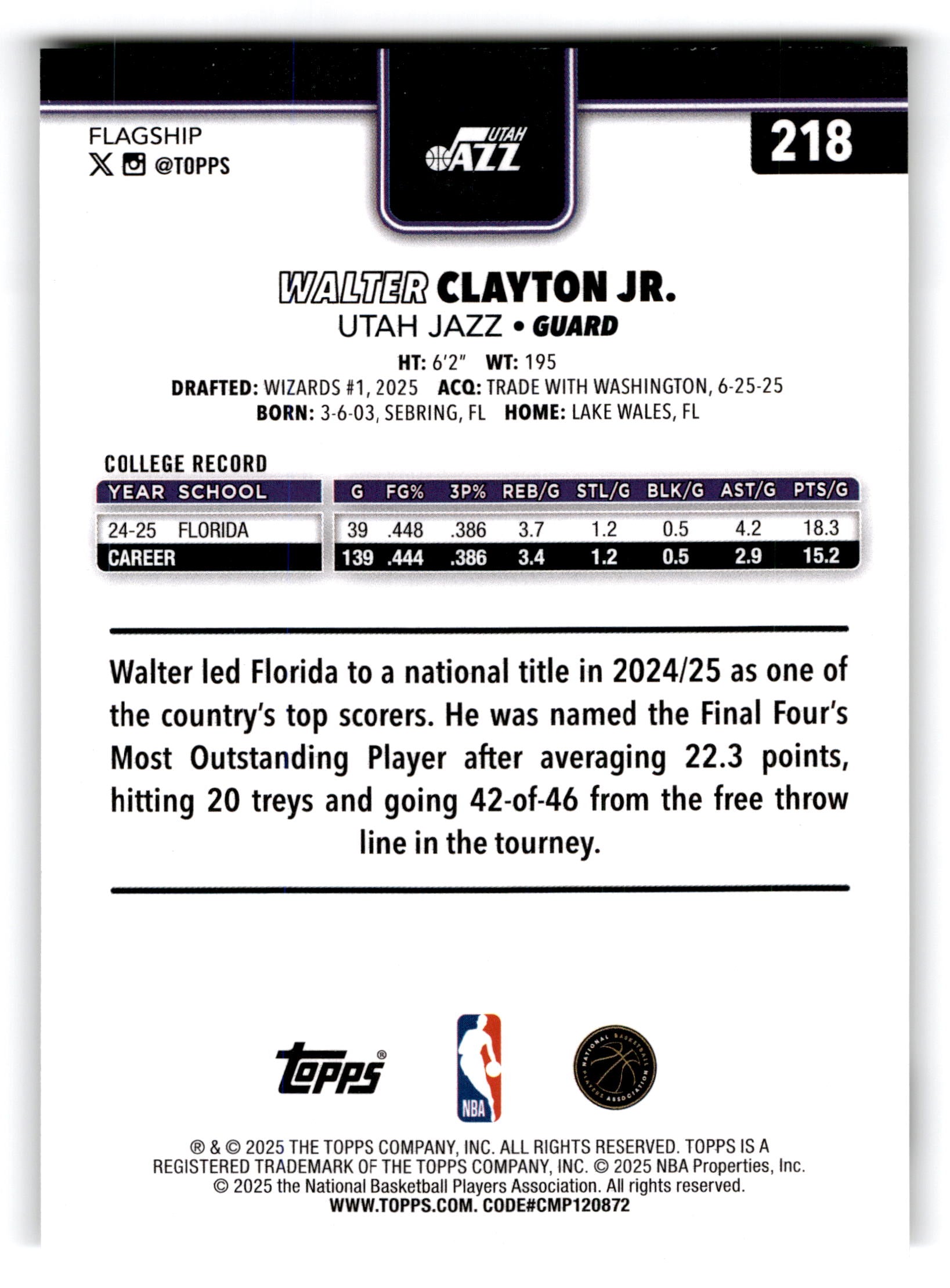 2025 Topps Flagship Walter Clayton Jr. #218 RC