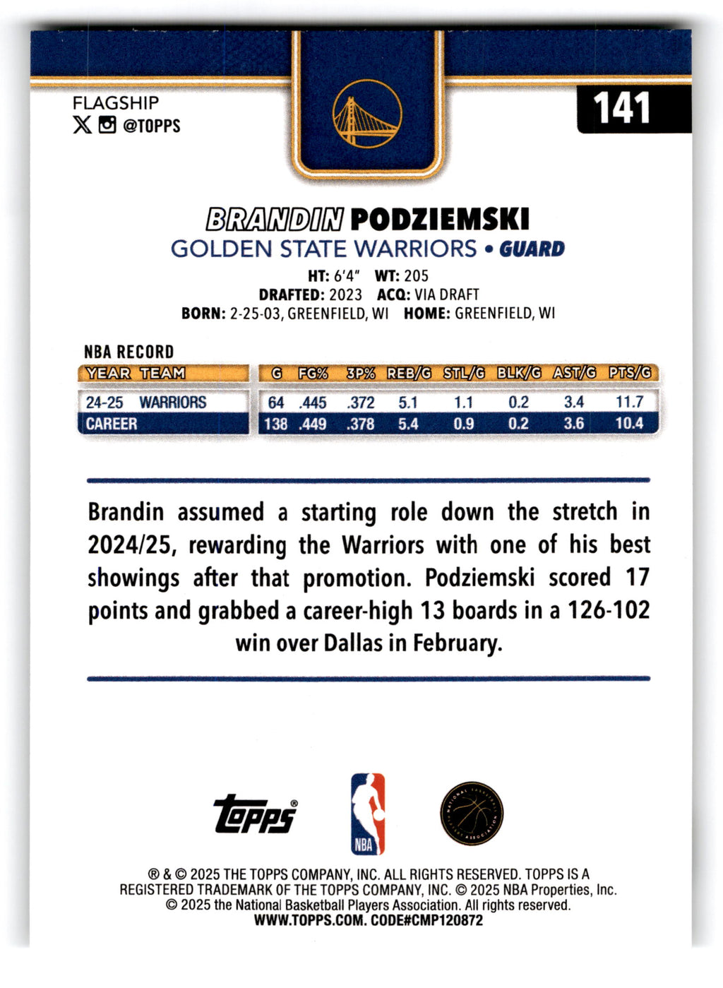 2025 Topps Flagship Basketball Brandin Podziemski #141