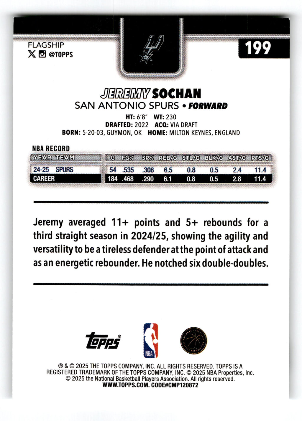 2025 Topps Basketball Jeremy Sochan #199