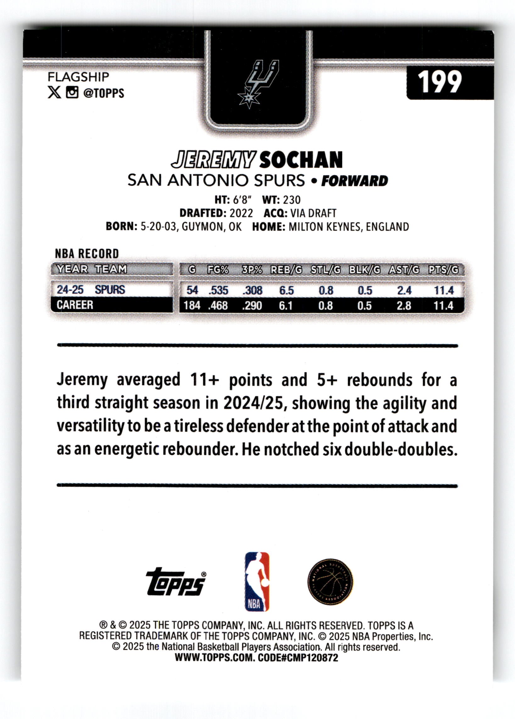 2025 Topps Basketball Jeremy Sochan #199