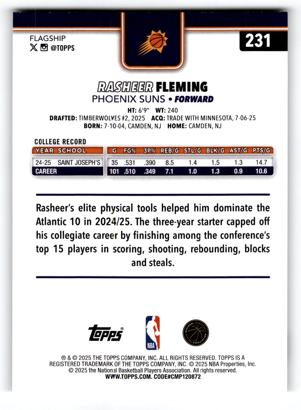2025 Topps Flagship Rasheer Fleming #231 RC