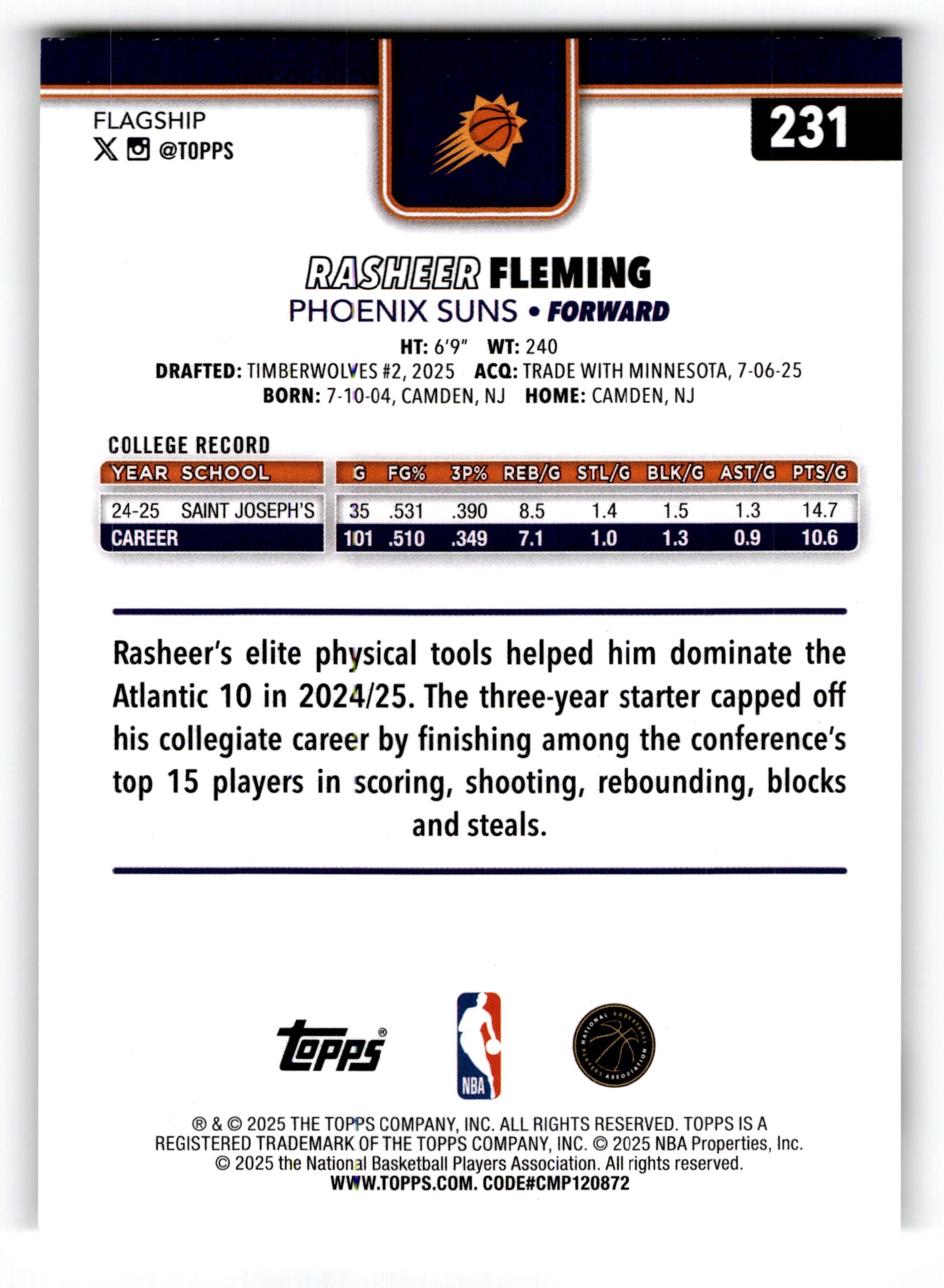 2025 Topps Flagship Rasheer Fleming #231 RC