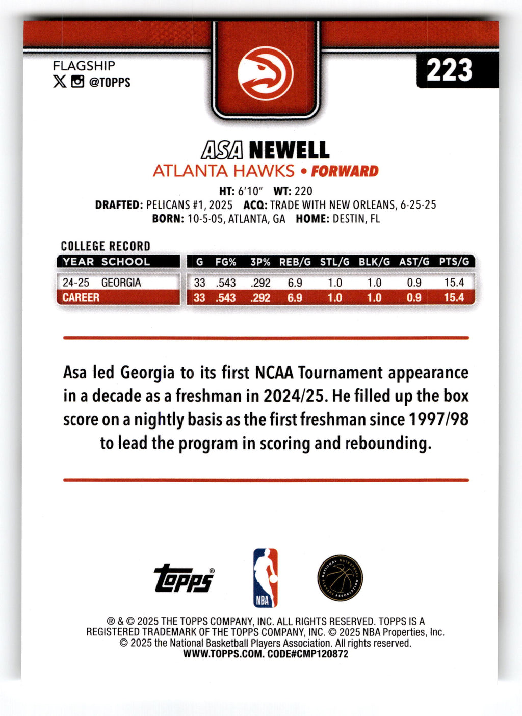 2025 Topps Flagship Basketball Asa Newell #223 RC