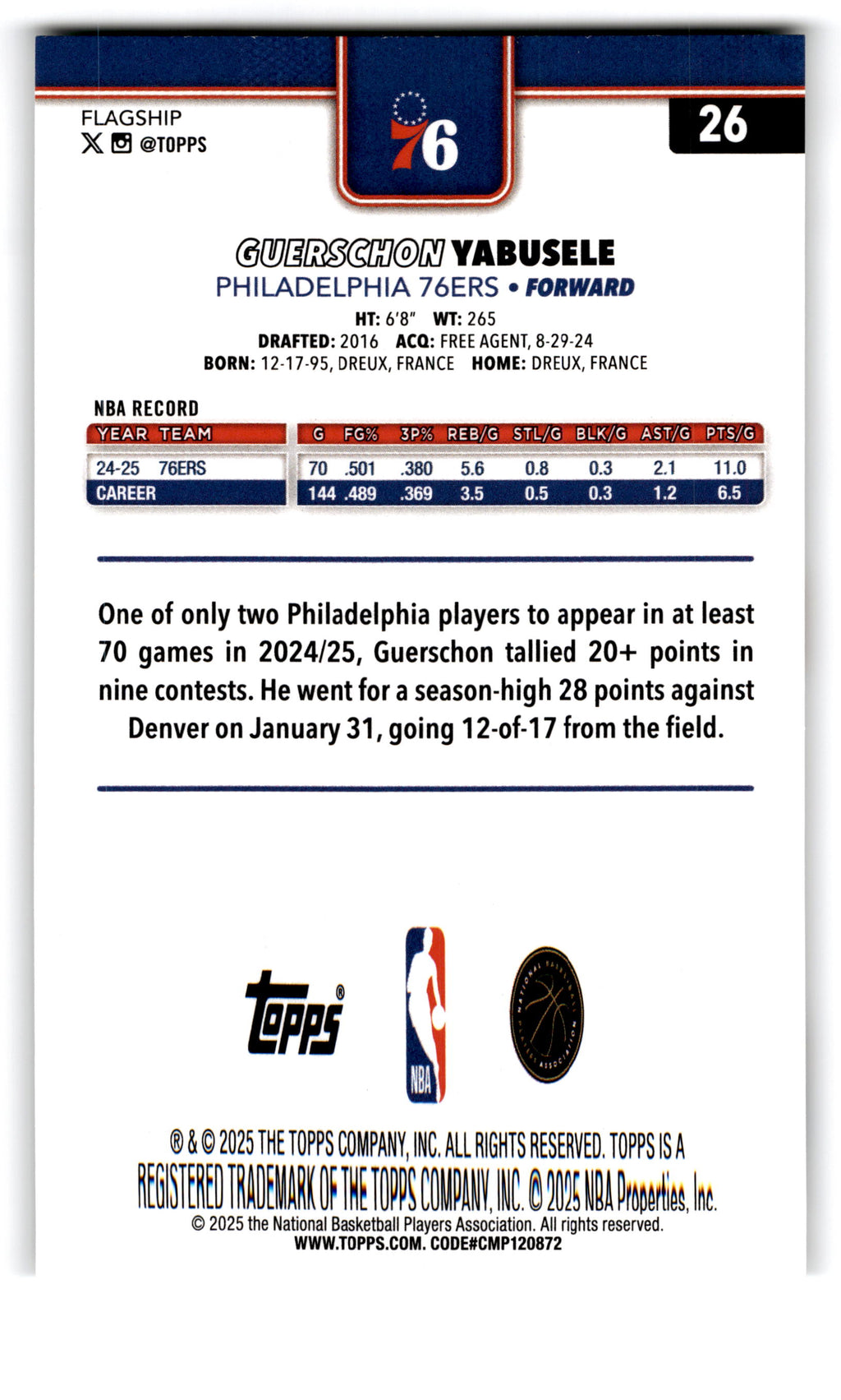 2025 Topps Flagship Guerschon Yabusele #26
