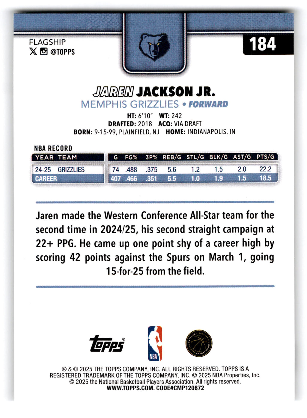 2025 Topps Flagship Jaren Jackson Jr. #184