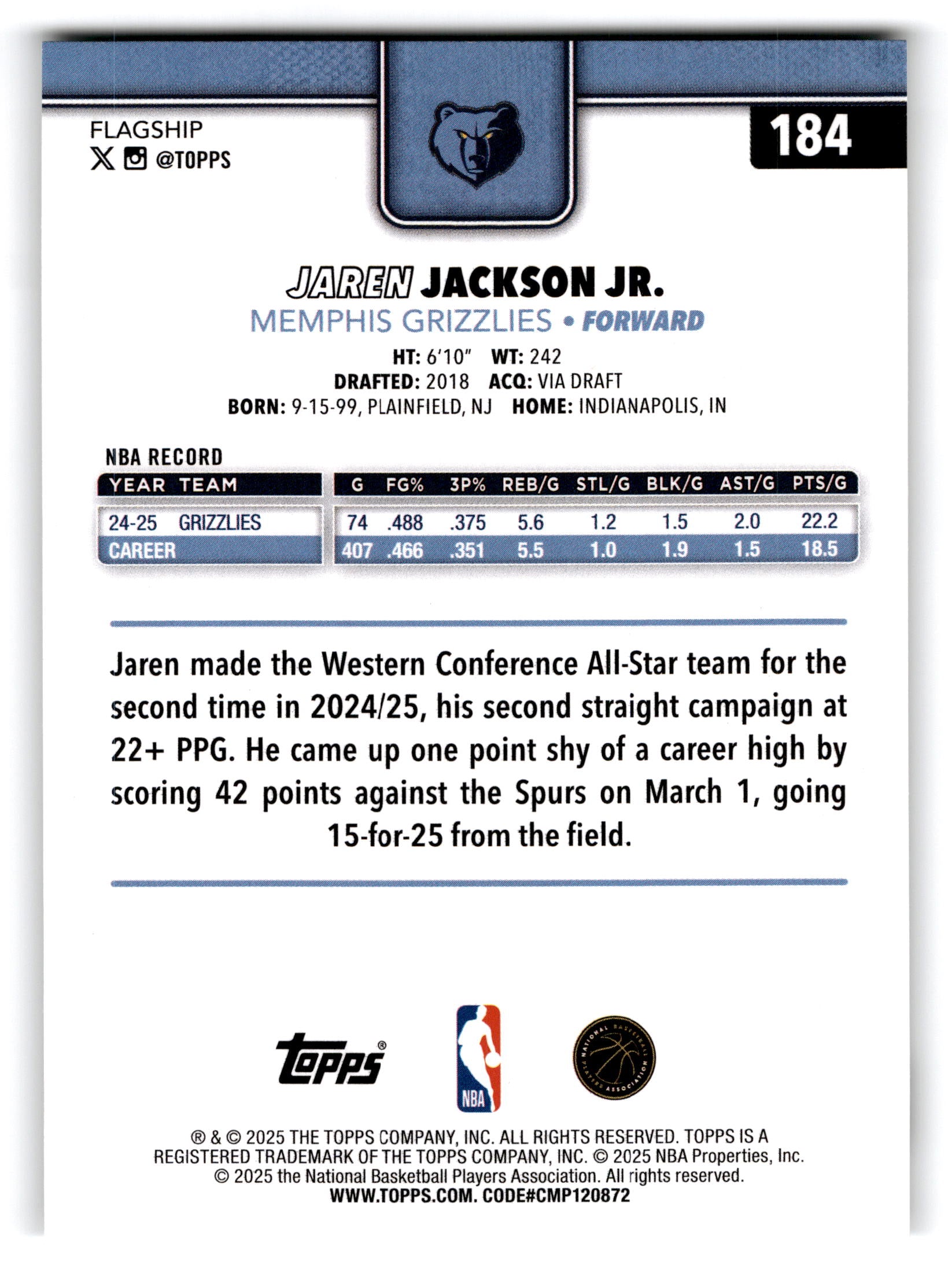 2025 Topps Flagship Jaren Jackson Jr. #184