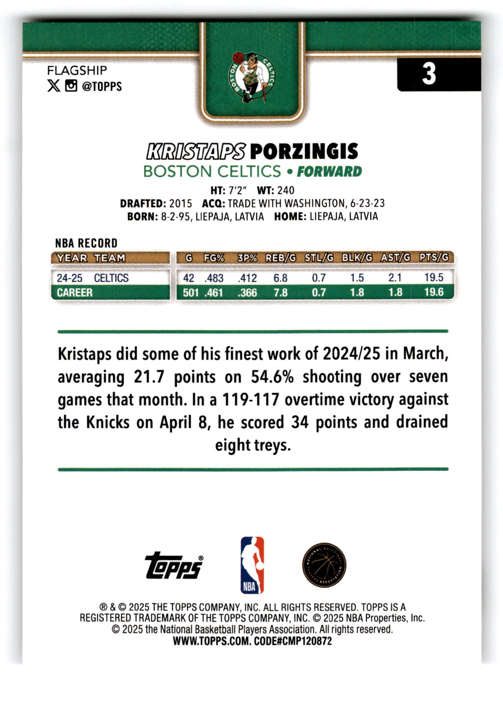 2025 Topps Flagship Kristaps Porzingis #3