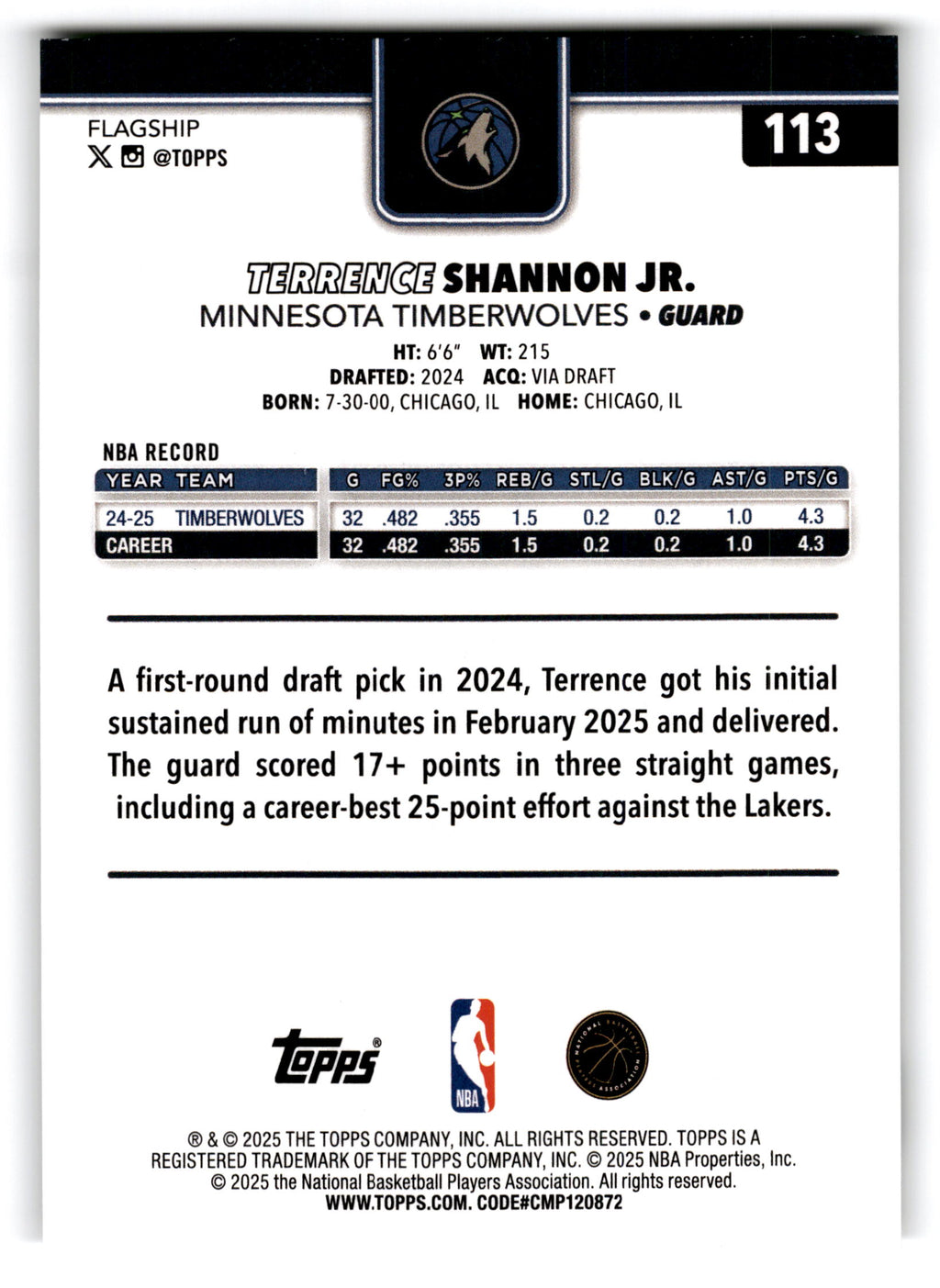 2025 Topps Flagship Terrence Shannon Jr. #113
