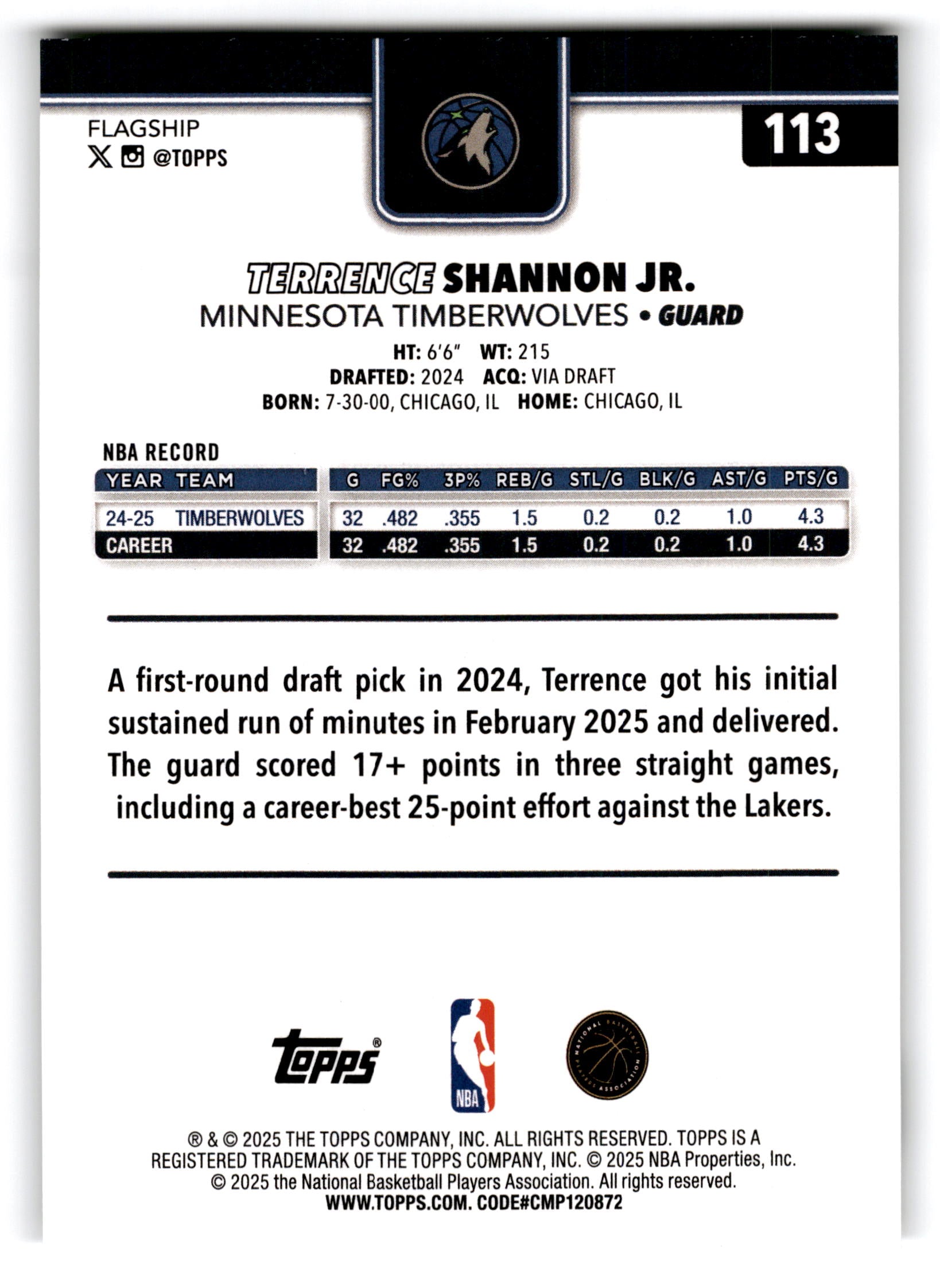 2025 Topps Flagship Terrence Shannon Jr. #113