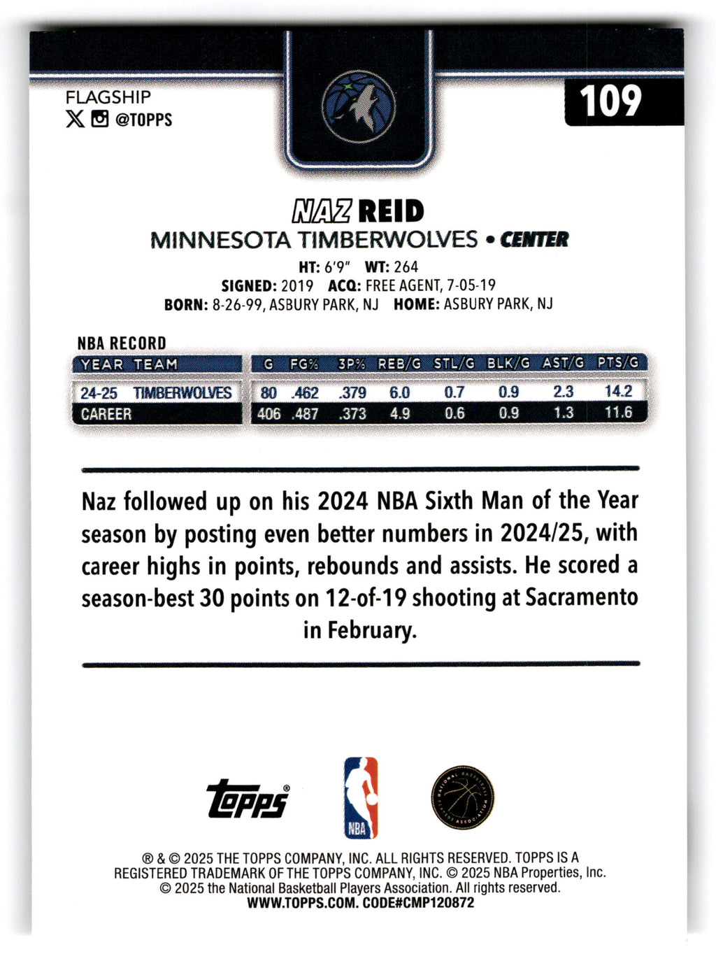 2025 Topps Flagship Basketball Naz Reid #109