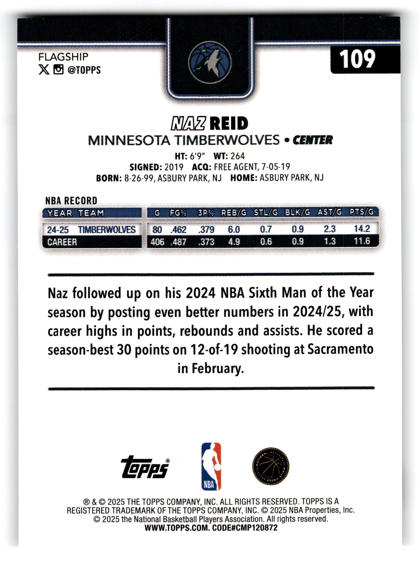 2025 Topps Flagship Basketball Naz Reid #109
