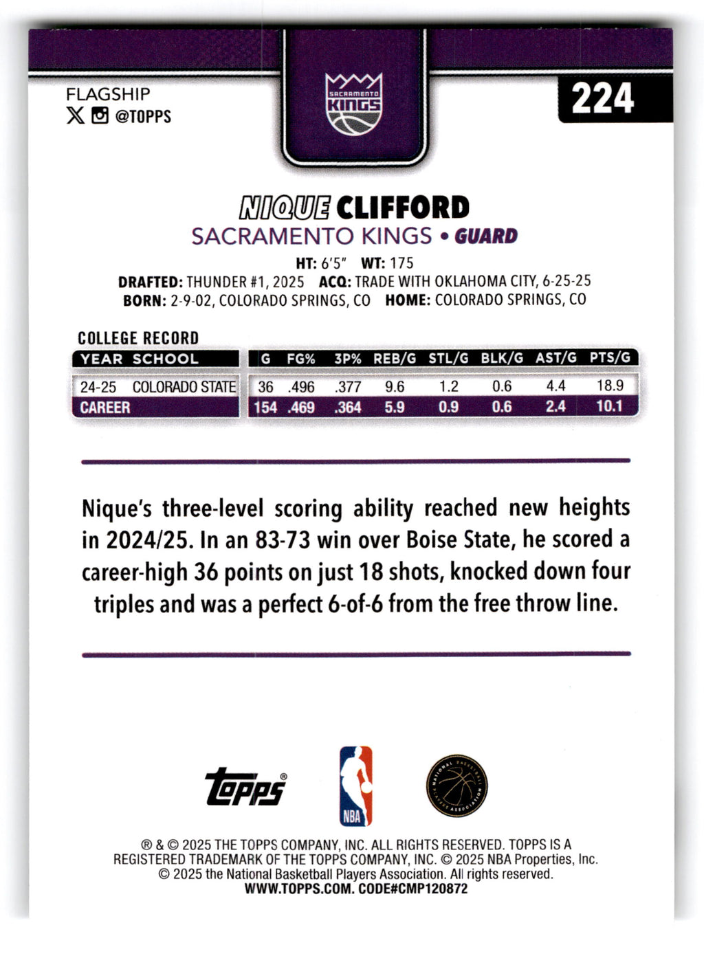 2025 Topps Flagship Nique Clifford #224 RC