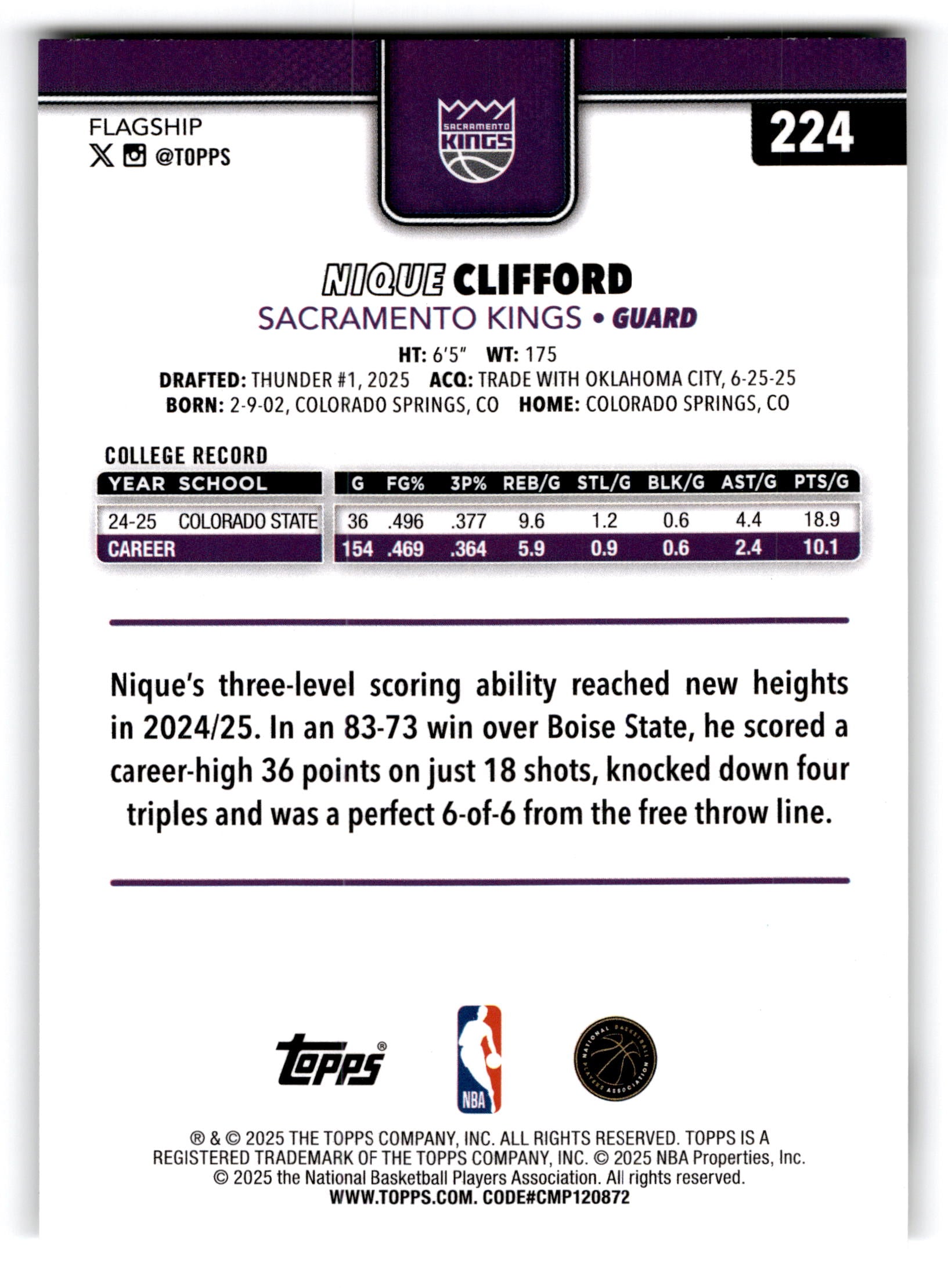 2025 Topps Flagship Nique Clifford #224 RC