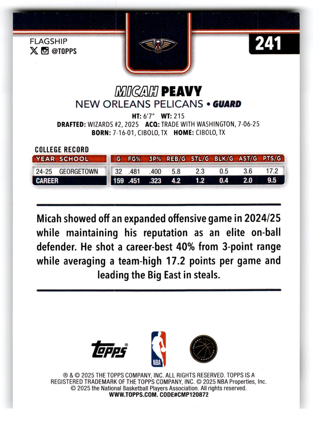 2025 Topps Flagship Micah Peavy #241 RC