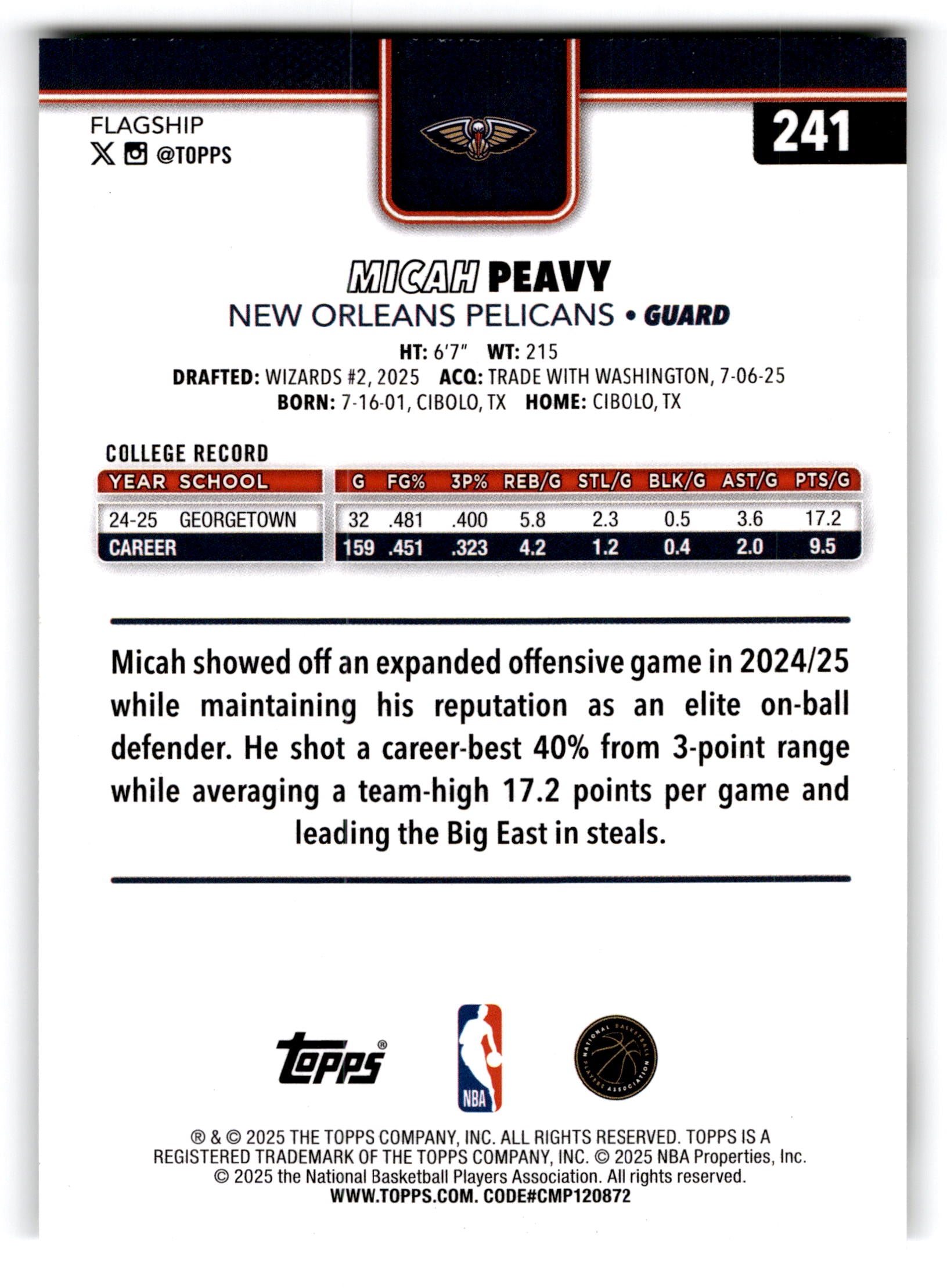 2025 Topps Flagship Micah Peavy #241 RC