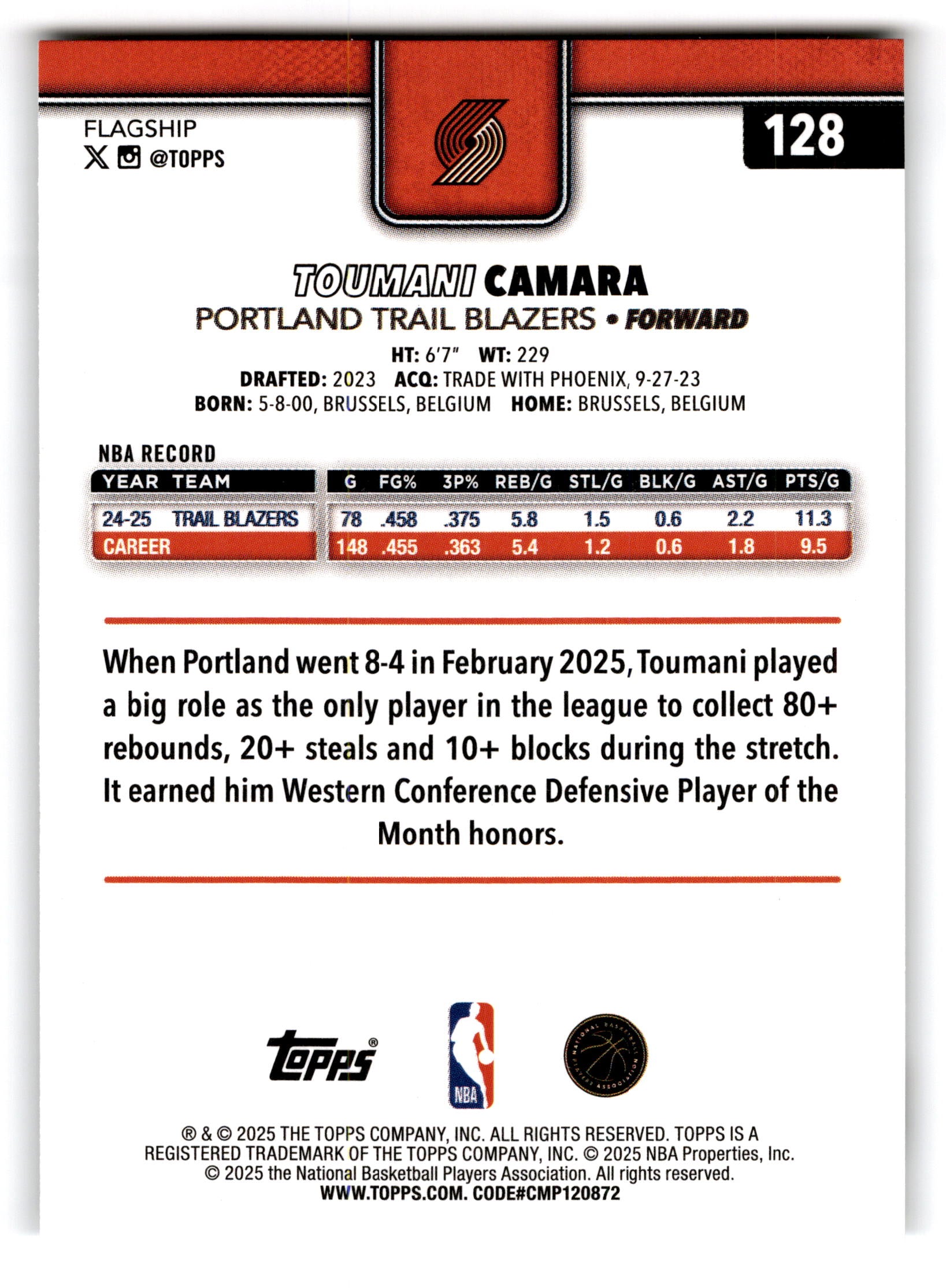 2025 Topps Basketball Toumani Camara #128