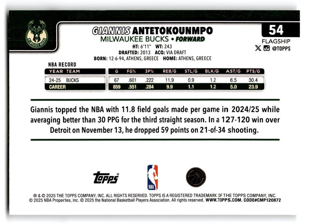 2025 Topps Flagship Giannis Antetokounmpo #54