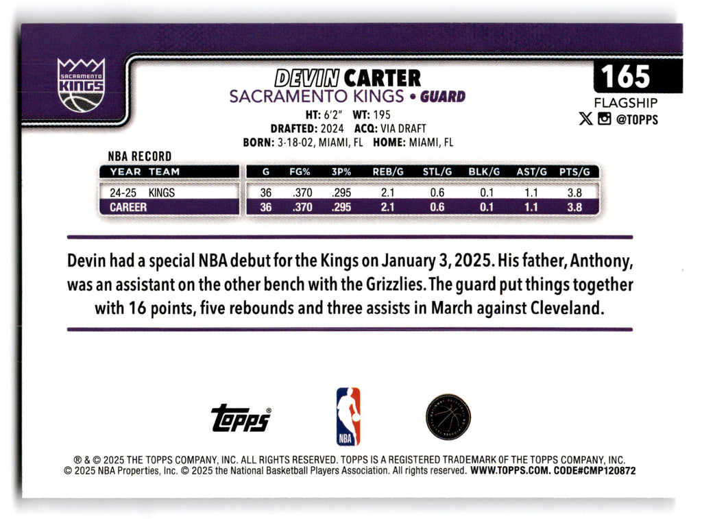 2025 Topps Flagship Basketball Devin Carter #165