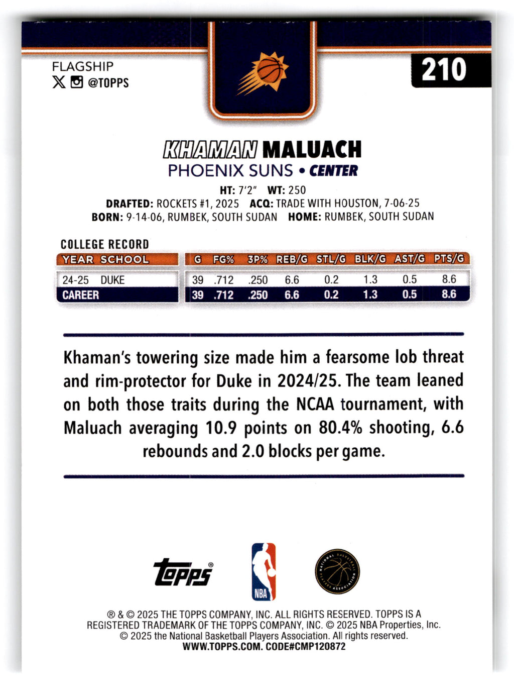2025 Topps Flagship Khaman Maluach #210 RC