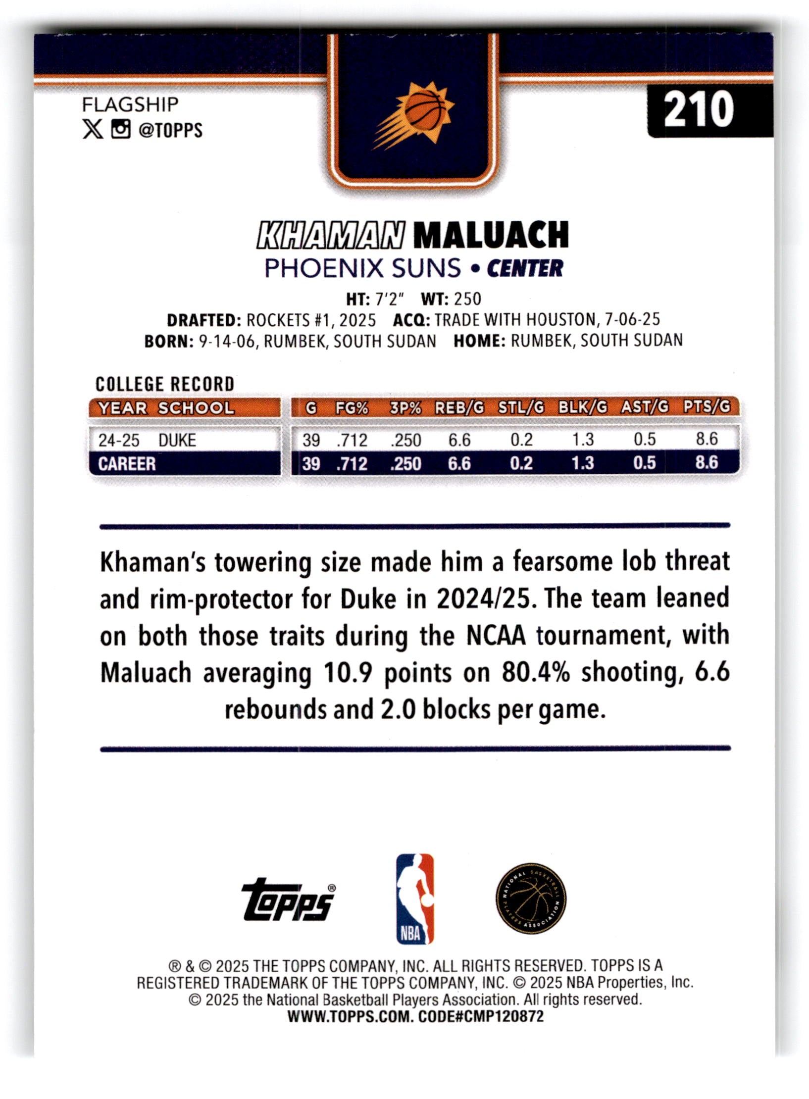 2025 Topps Flagship Khaman Maluach #210 RC