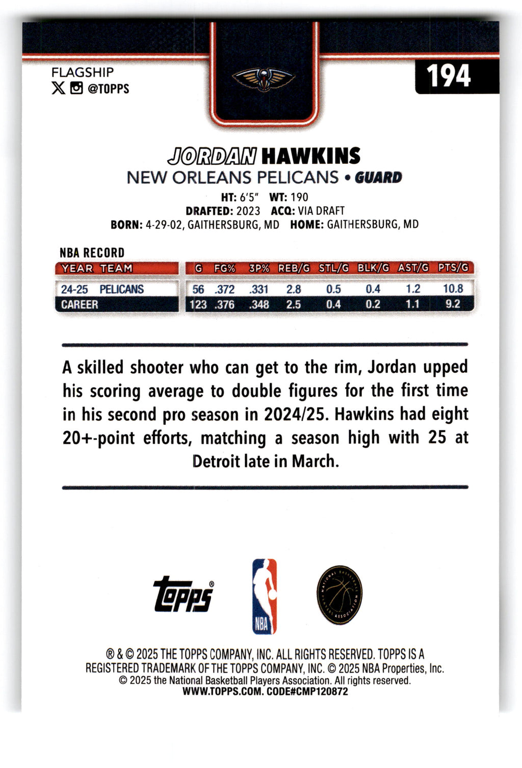 2025 Topps Flagship Jordan Hawkins #194