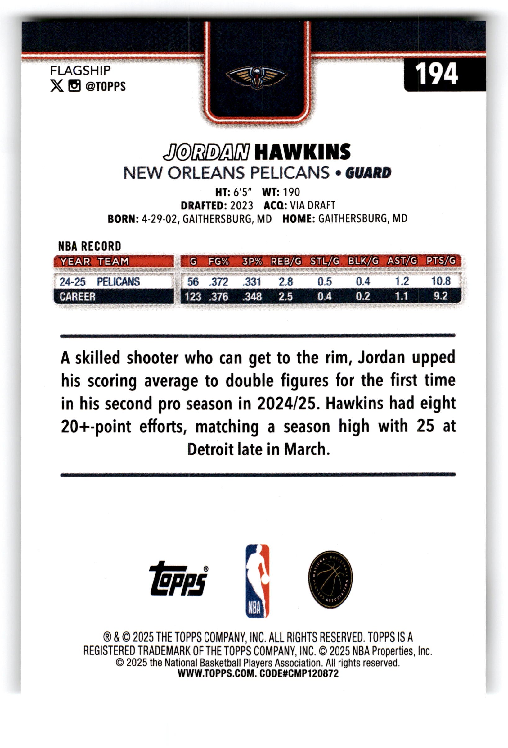 2025 Topps Flagship Jordan Hawkins #194