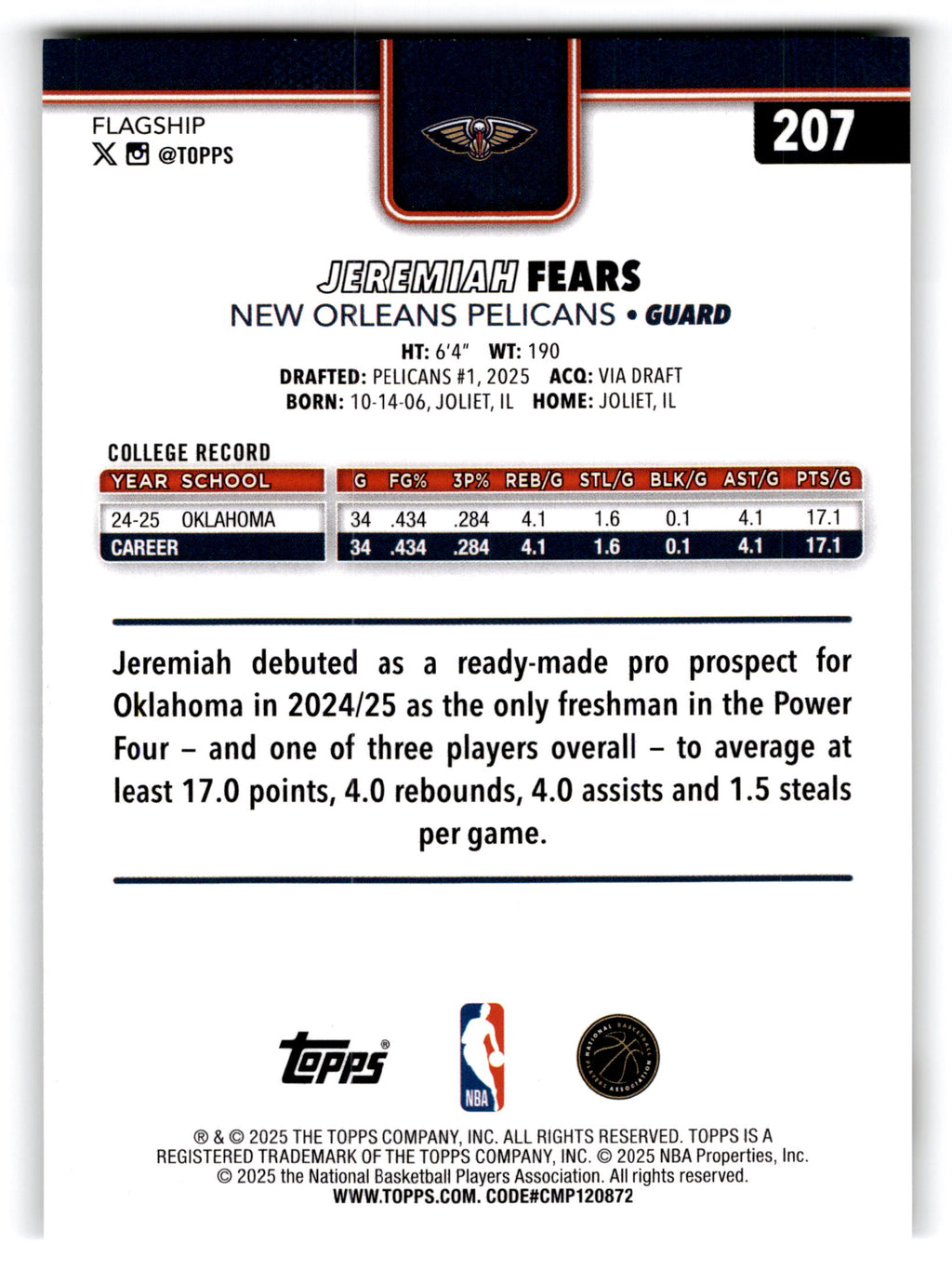 2025 Topps Flagship Jeremiah Fears #207 RC