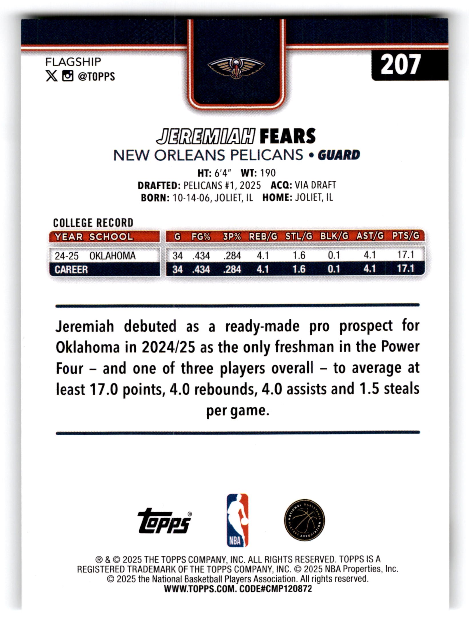 2025 Topps Flagship Jeremiah Fears #207 RC