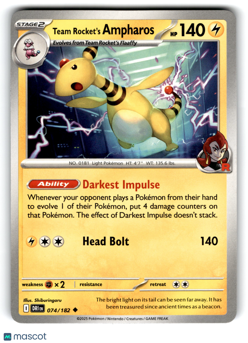 2025 Pokemon Team Rocket's Ampharos #74/182