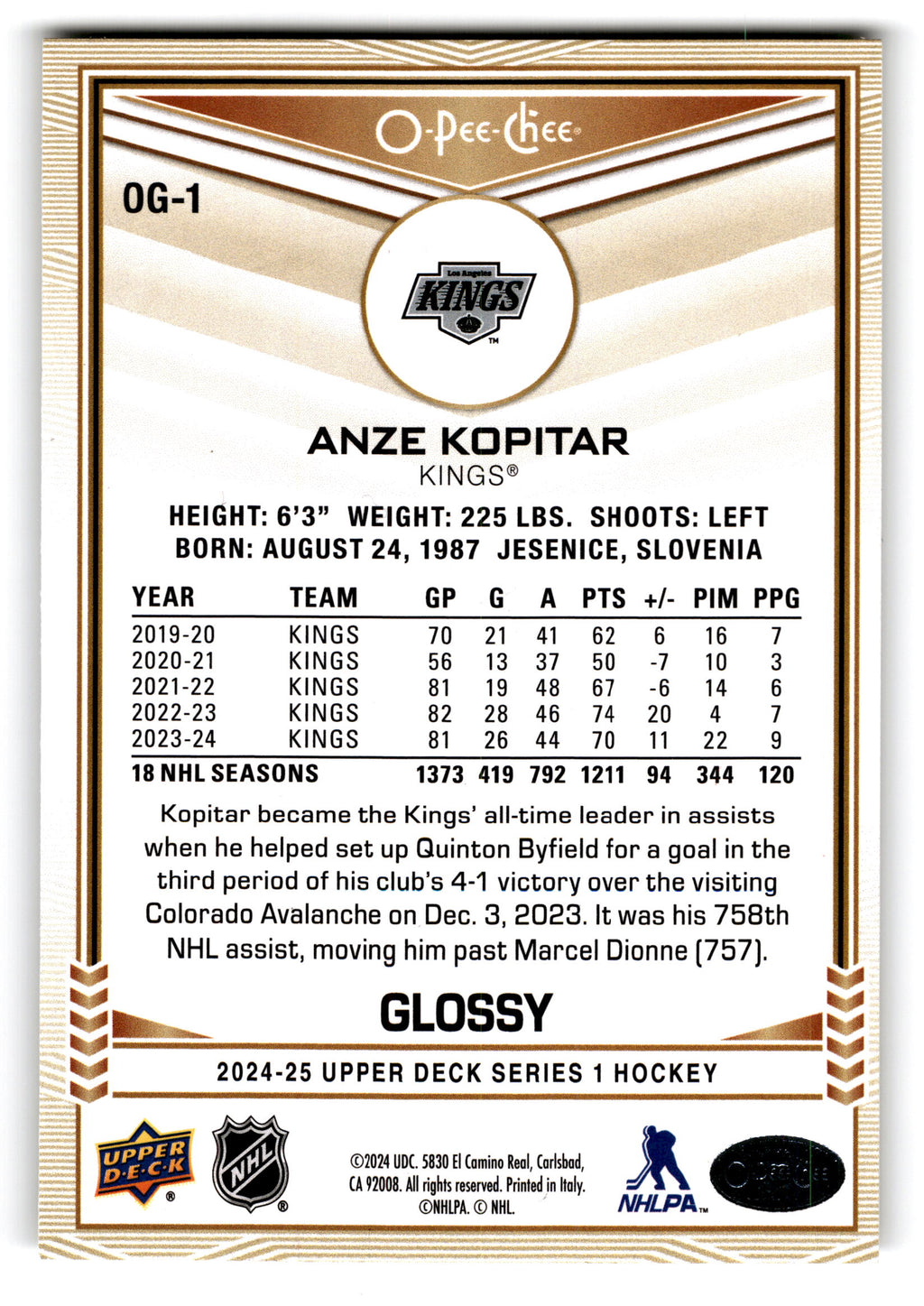 2023 Upper Deck O-Pee-Chee Glossy Anze Kopitar #OG-1