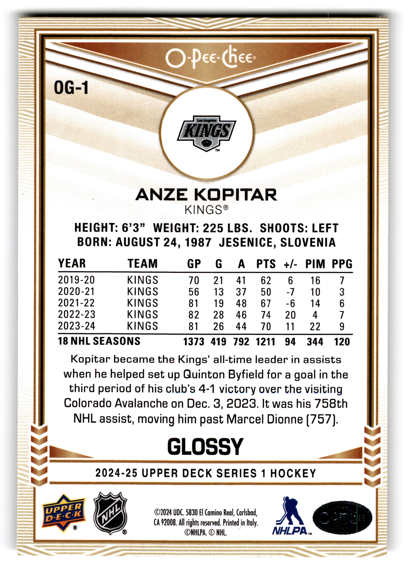 2023 Upper Deck O-Pee-Chee Glossy Anze Kopitar #OG-1