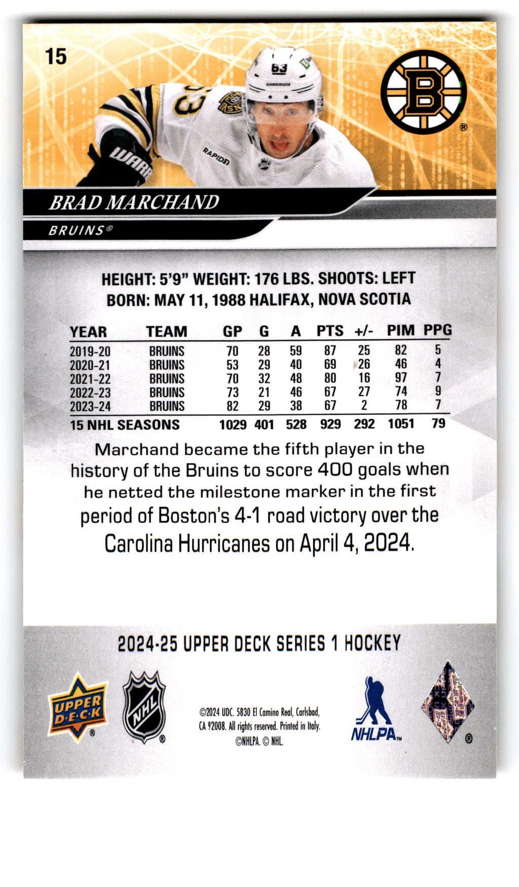 2023 Upper Deck Series 1 Hockey Brad Marchand #15