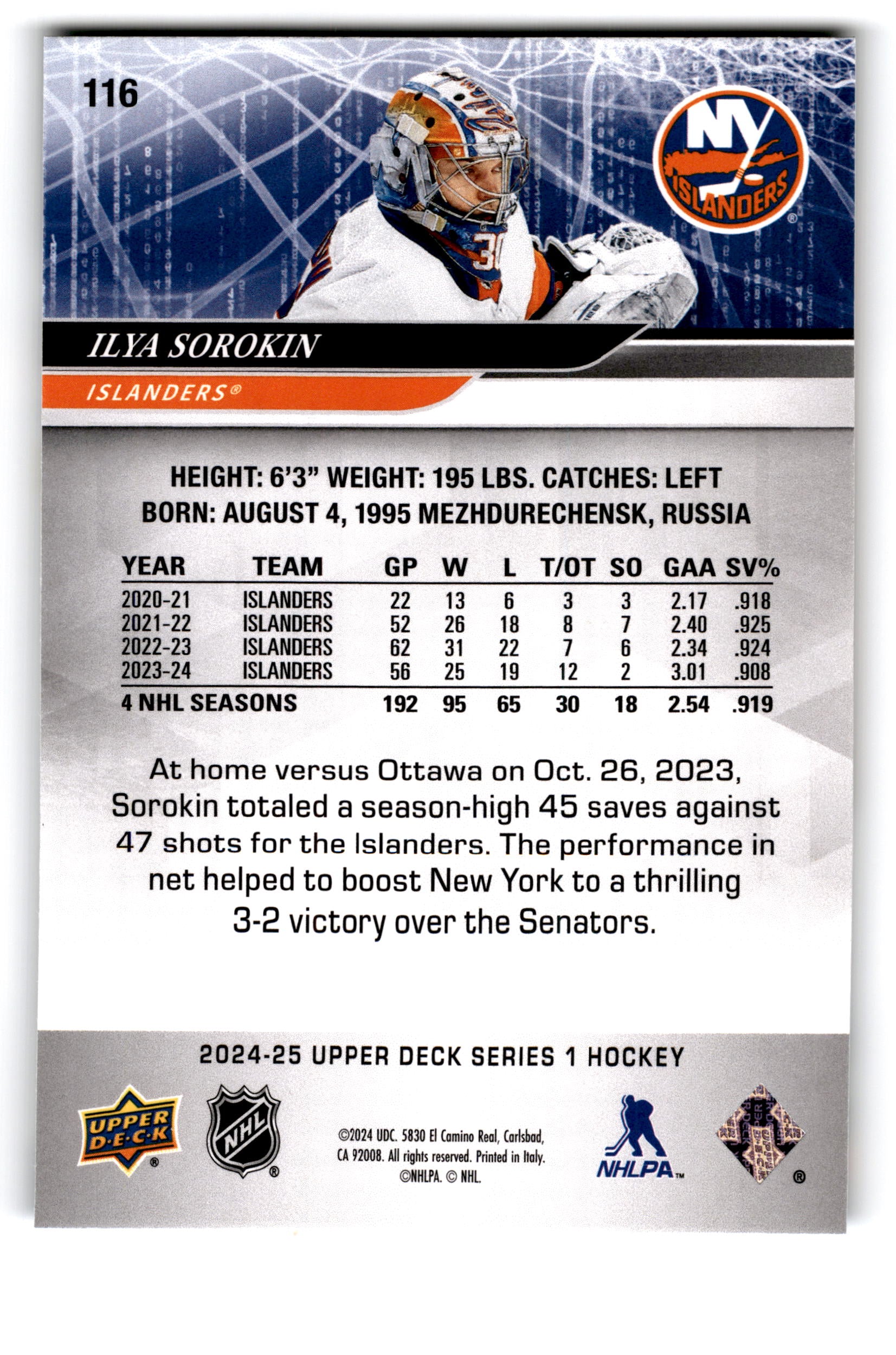2023 Upper Deck Series 1 Ilya Sorokin #116