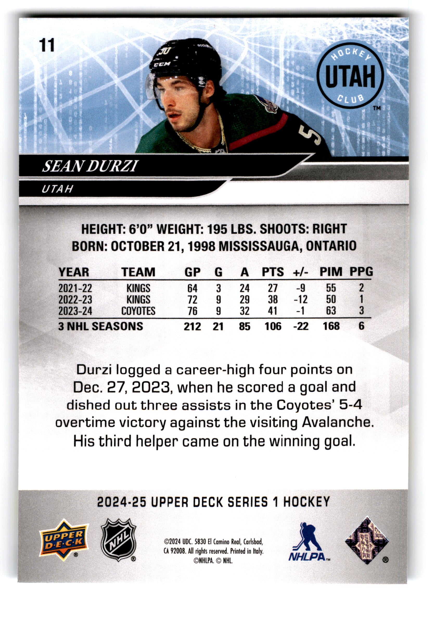 2023 Upper Deck Series 1 Sean Durzi #11