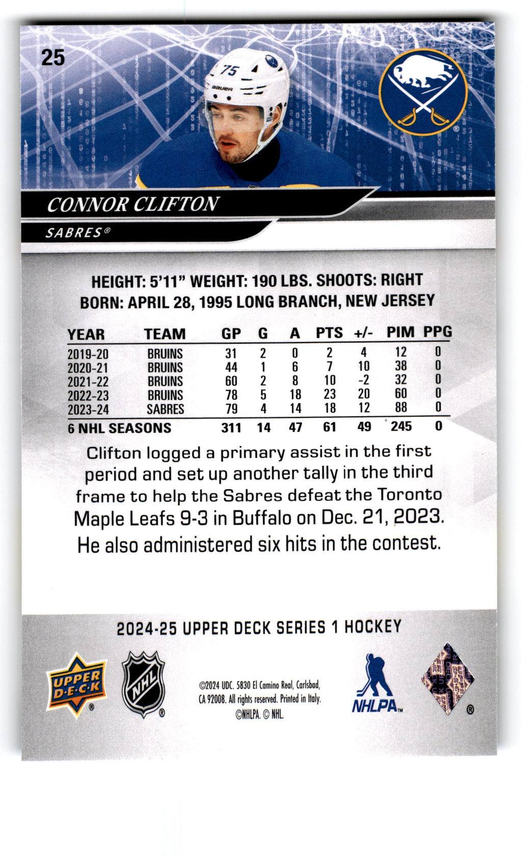2023 Upper Deck Series 1 Hockey Connor Clifton #25