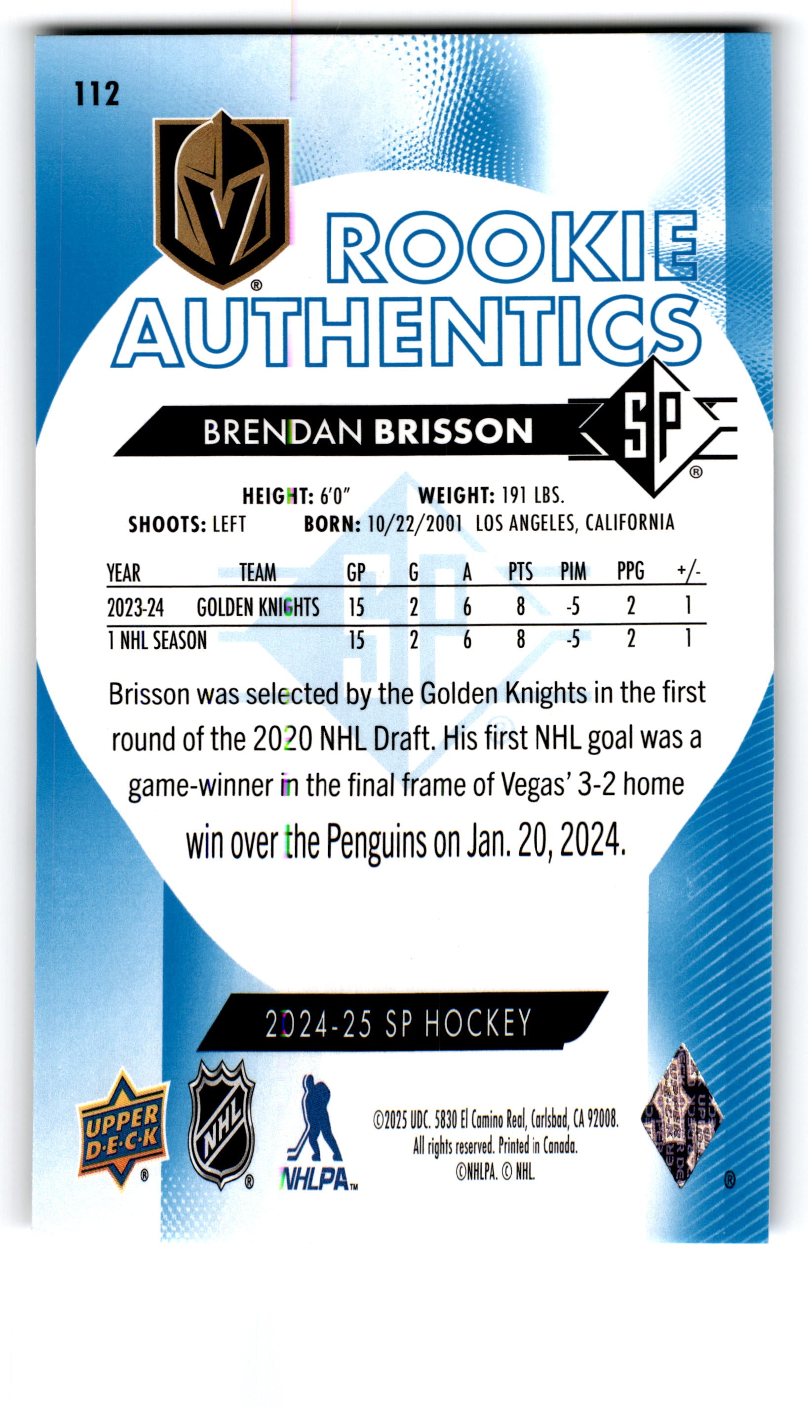 2025 Upper Deck SP Rookie Authentics Brendan Brisson #112