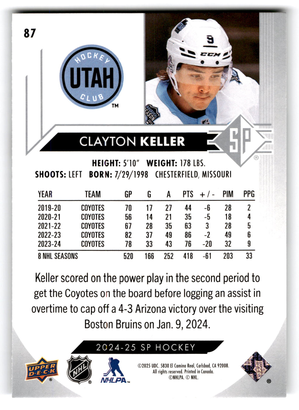 2023 Upper Deck SP Hockey Clayton Keller #87