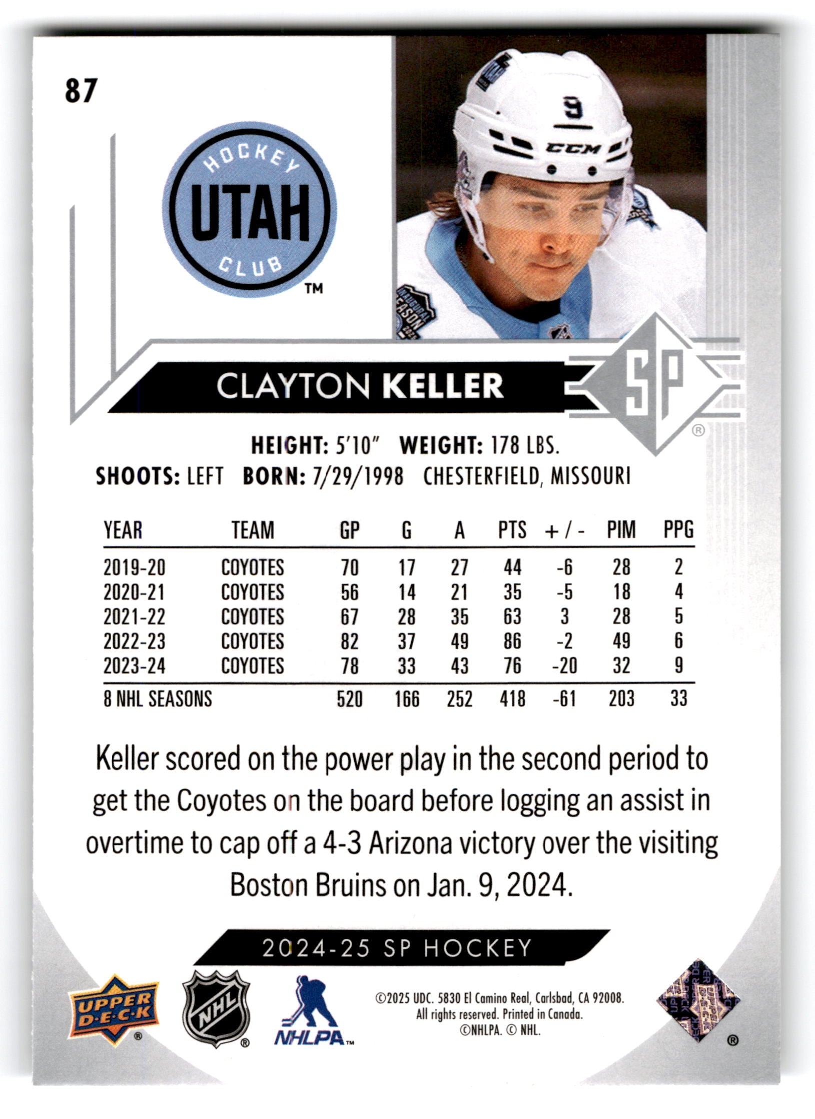 2023 Upper Deck SP Hockey Clayton Keller #87
