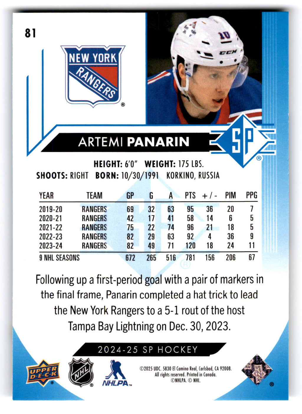 2023 Upper Deck SP Hockey Artemi Panarin #81