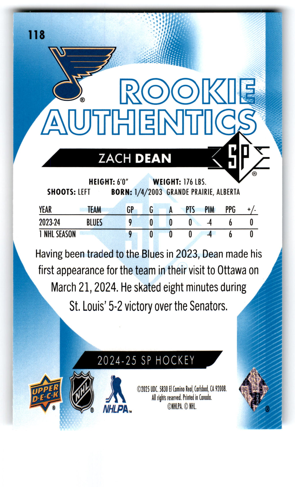 2025 Upper Deck SP Rookie Authentics Zach Dean #118