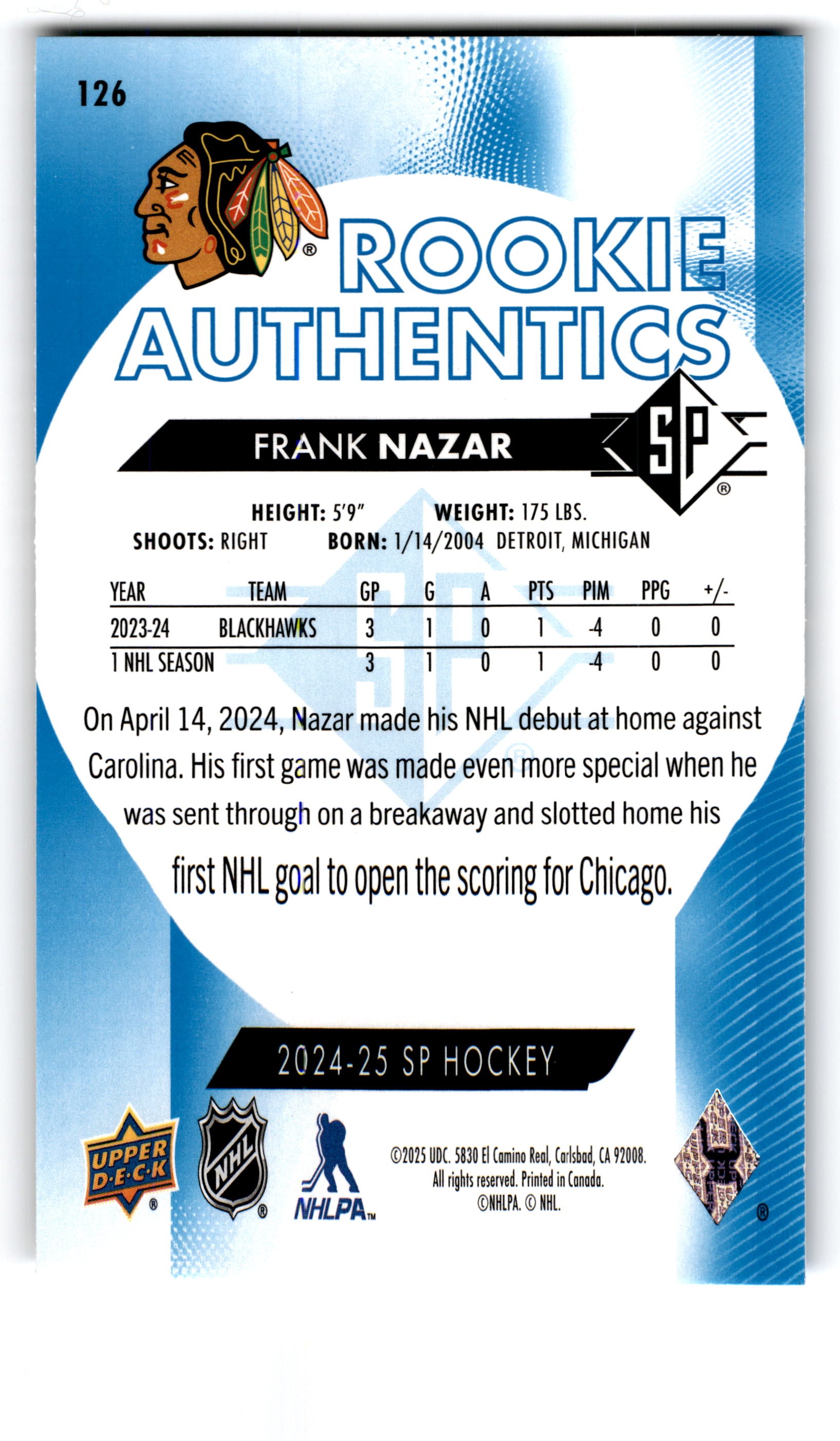 2025 Upper Deck SP Rookie Authentics Frank Nazar #126