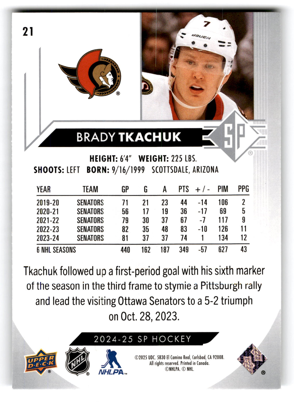 2023 Upper Deck SP Hockey Brady Tkachuk #21
