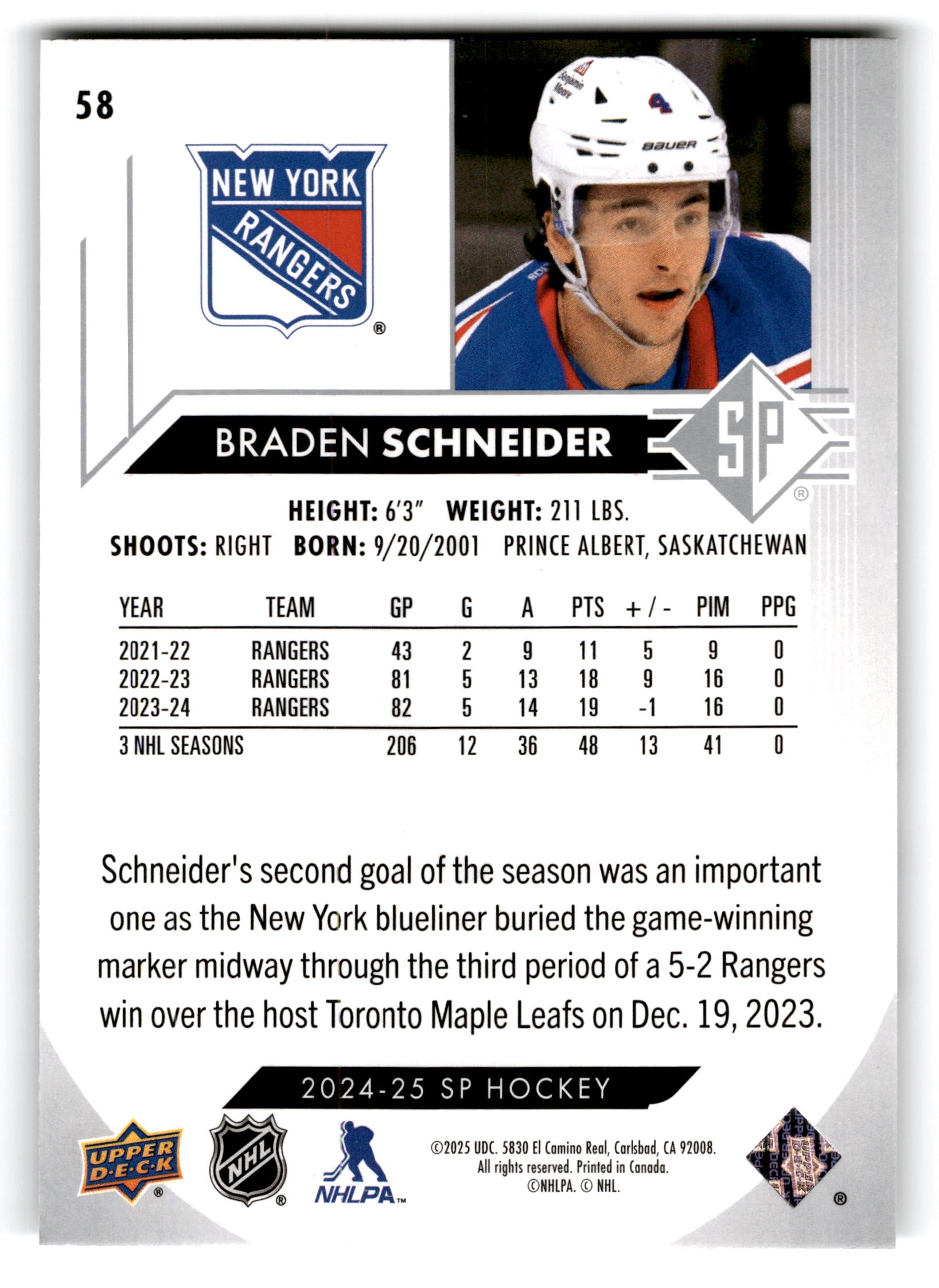 2023 Upper Deck SP Hockey Braden Schneider #58