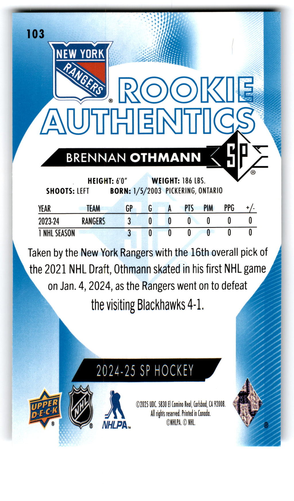 2025 Upper Deck SP Rookie Authentics Brennan Othmann #103
